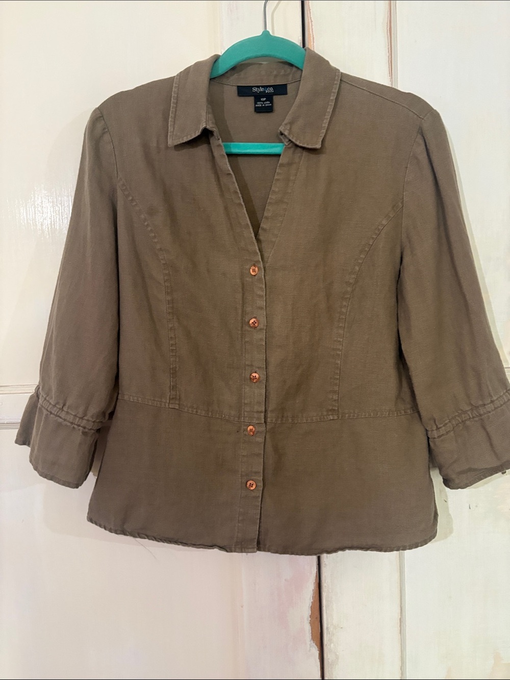 Style & Co. Olive Button-Down Peplum Shirt